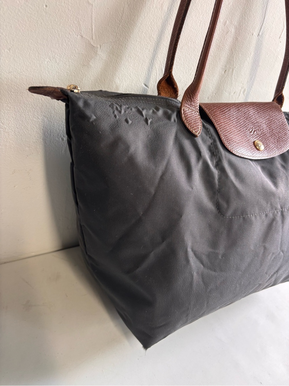 Longchamp Black Nylon Tote with Brown Leather Trim